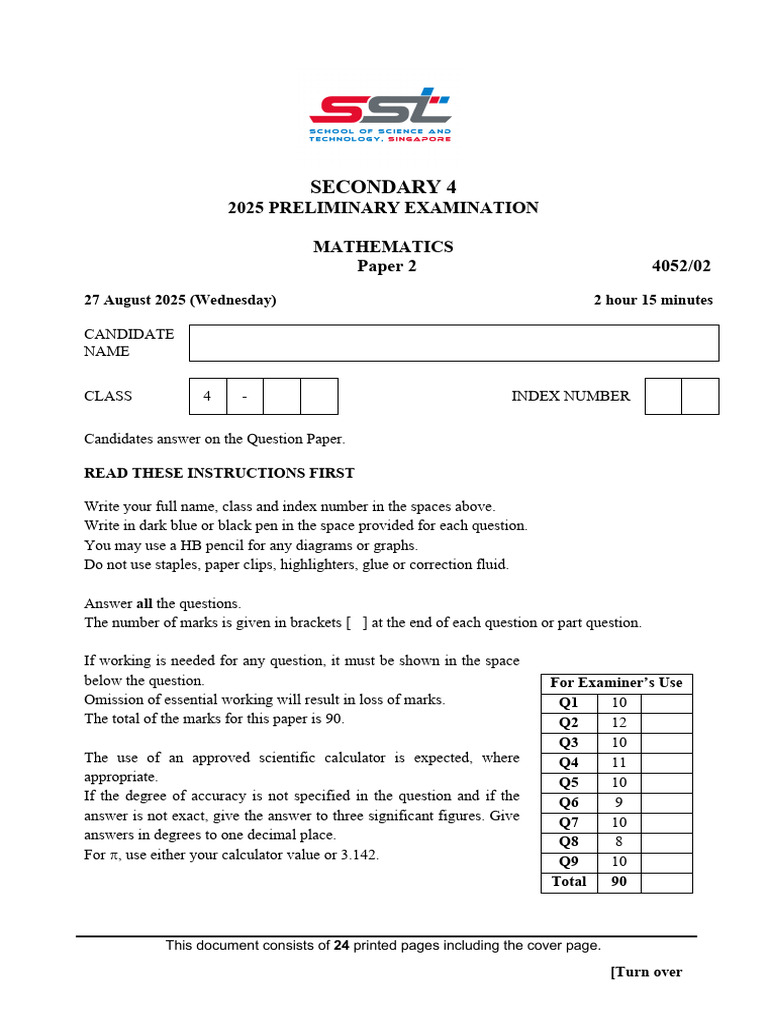 Secondary 4 Math Exam Paper 2 2025 | PDF | Area | Mathematics