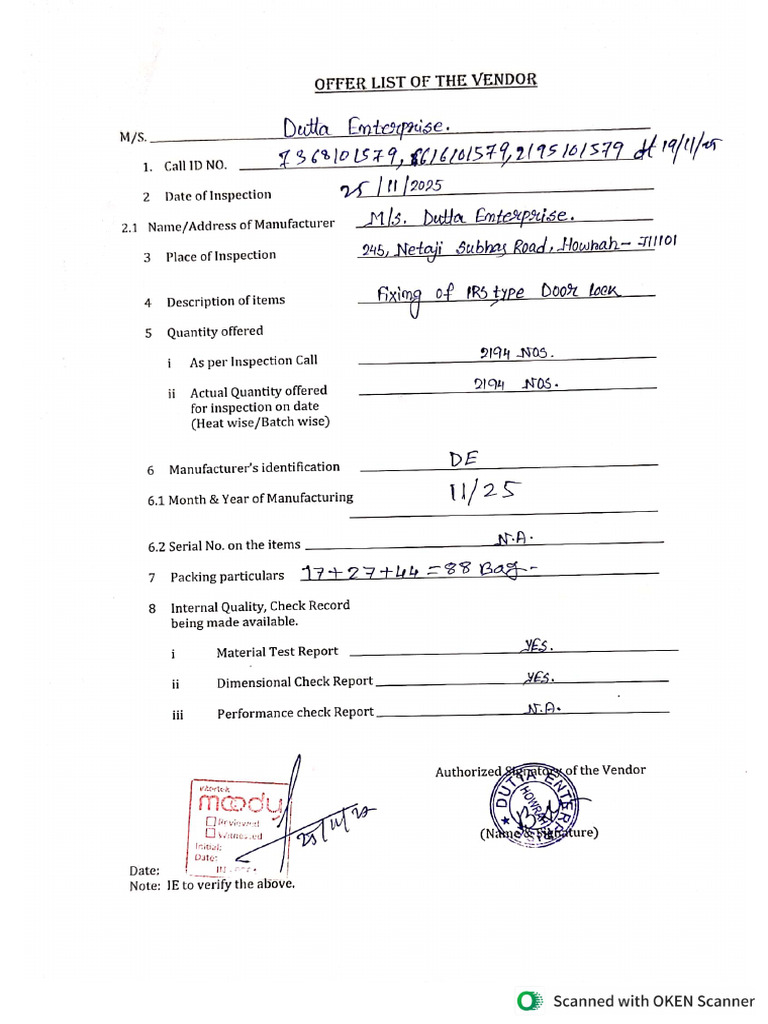 Offer List & Internal Inspection Report | PDF