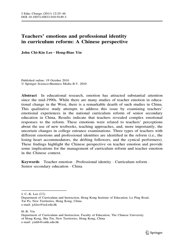 Teachers' Emotions in China's Curriculum Reform | PDF | Emotions ...