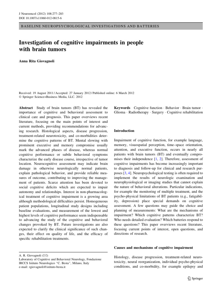 Investigation of Cognitive Impairments in People With Brain Tumors ...
