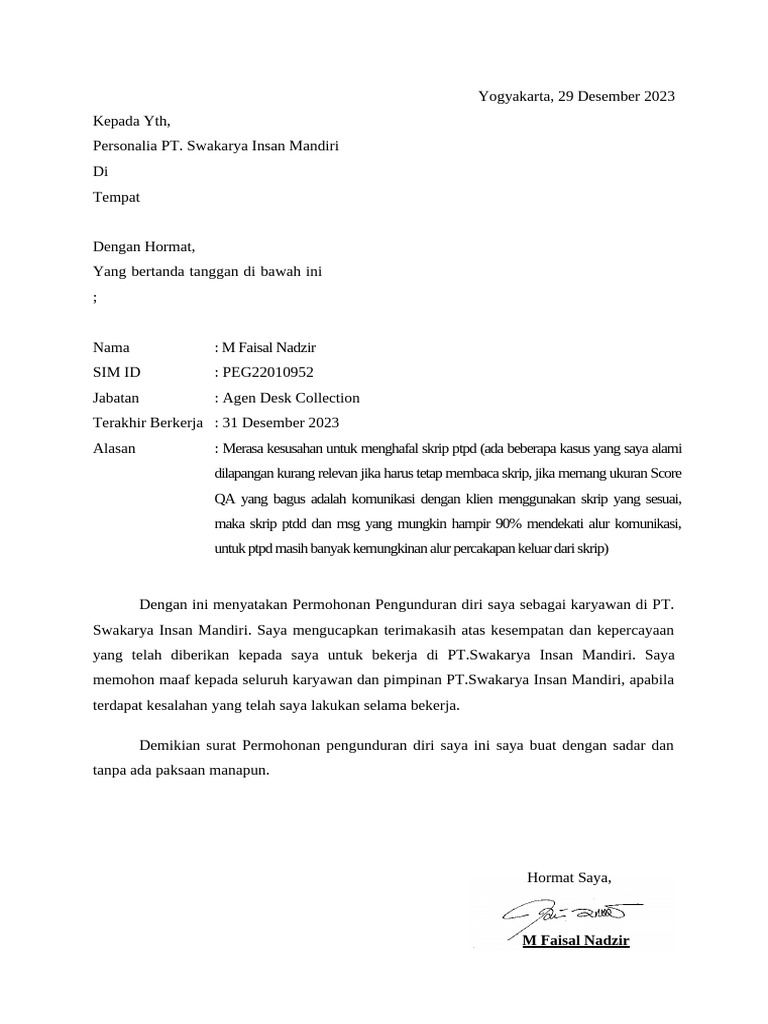 Permohonan Pengunduran Diri Karyawan PT. Swakarya | PDF