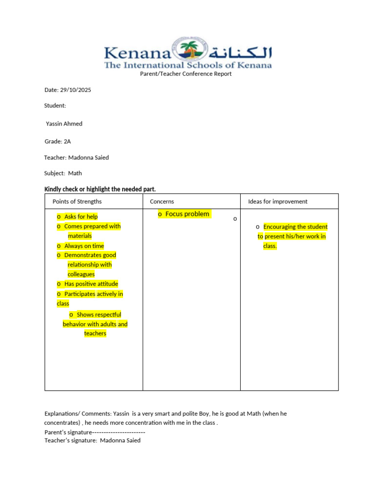 Yassin Ahmed Parent-Teacher Report | PDF