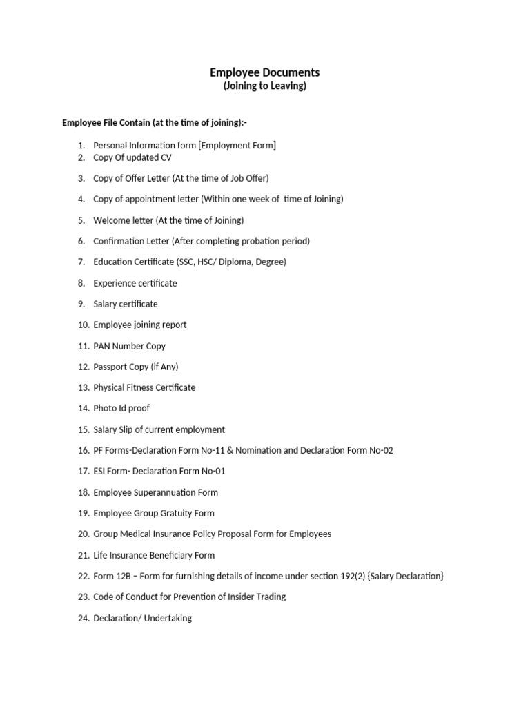 Comprehensive Employee Document Checklist | PDF | Employment | Pension