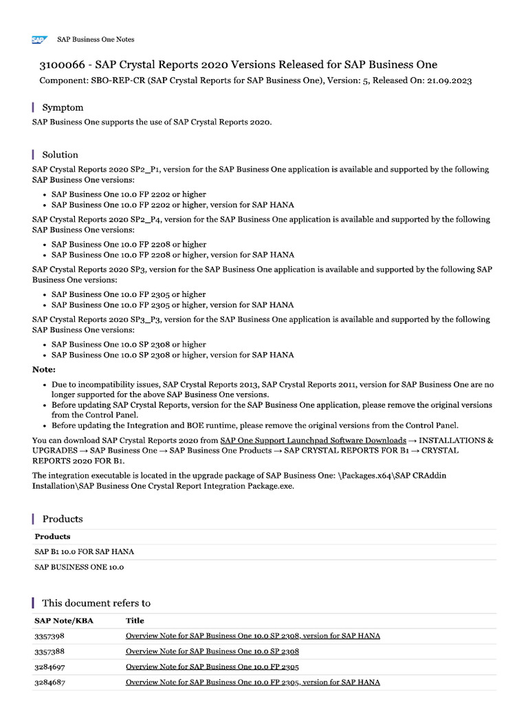 SAP Note 3100066 - SAP Crystal Reports 2020 Versions Released For SAP ...
