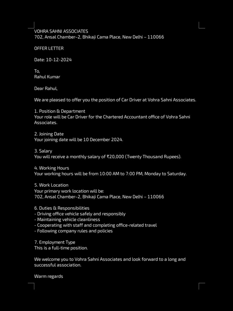 Car Driver Offer Letter - Vohra Sahni Associates | PDF