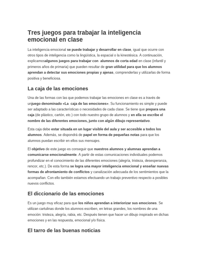 Tres Juegos para Trabajar La Inteligencia Emocional en Clase | PDF ...
