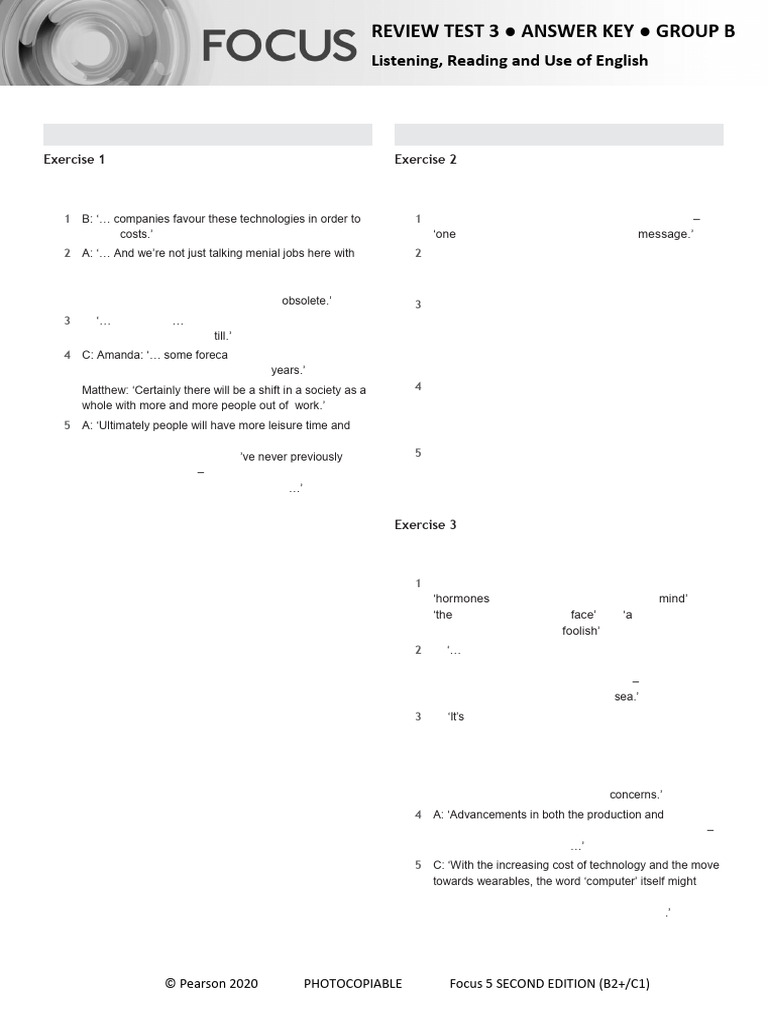 Focus 5 Review Test 3 Answer Key | PDF | English Language | Sentence ...