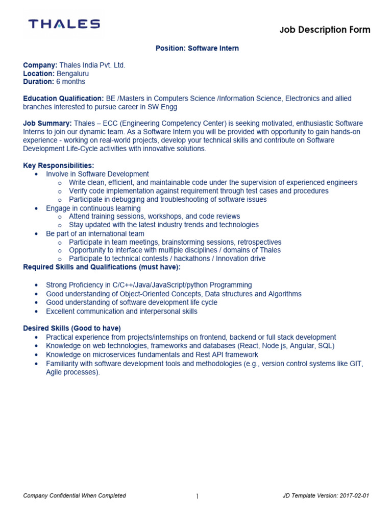 Software Intern Job Description - Thales India | PDF