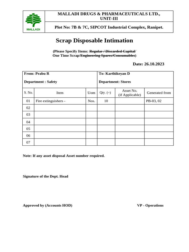 Scrap Disposal Intimation Form | PDF