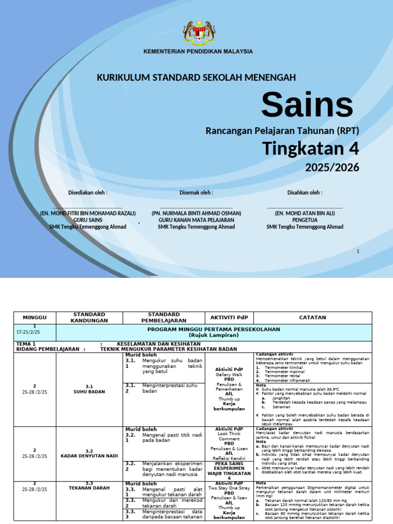 RPT Sains Tingkatan 4 2025 | PDF