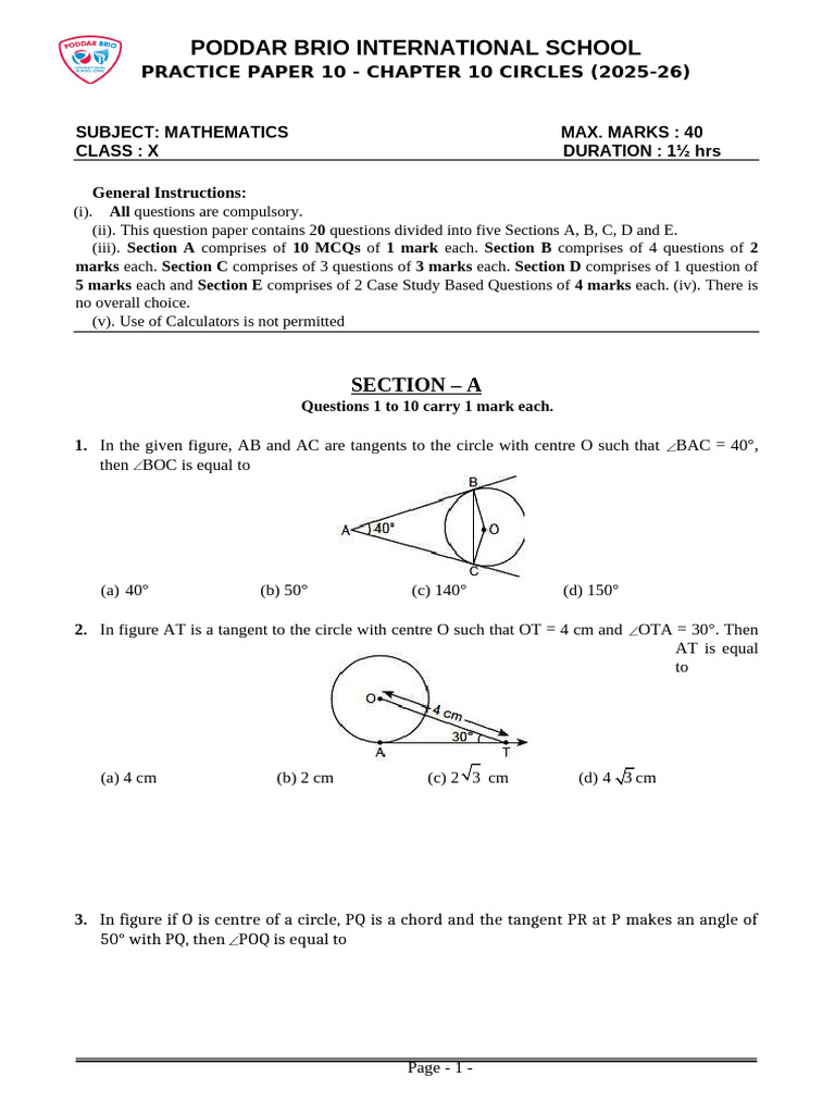 Class X Mathematics Practice Paper: Circles | PDF | Circle | Perpendicular