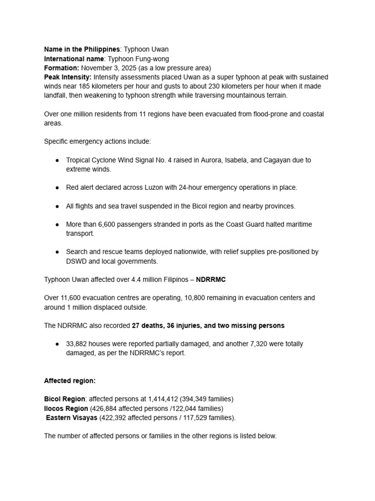 Typhoon Uwan: Impact and Response in the Philippines | PDF