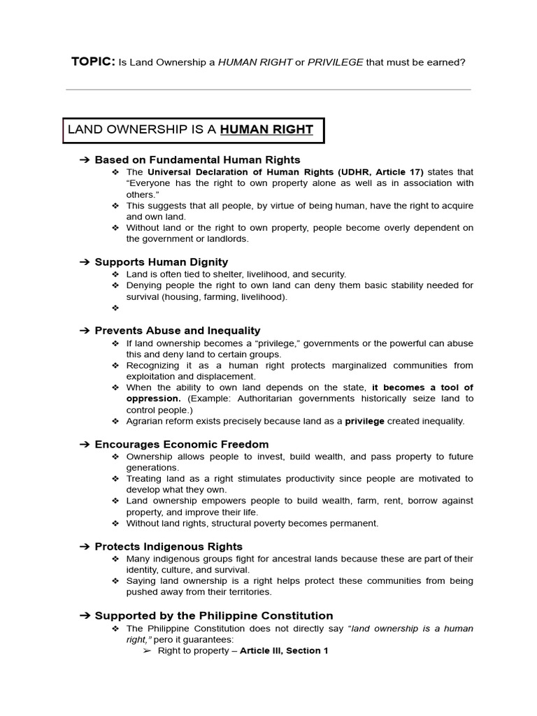 Land Ownership: Human Right or Privilege? | PDF | Human Rights | Property
