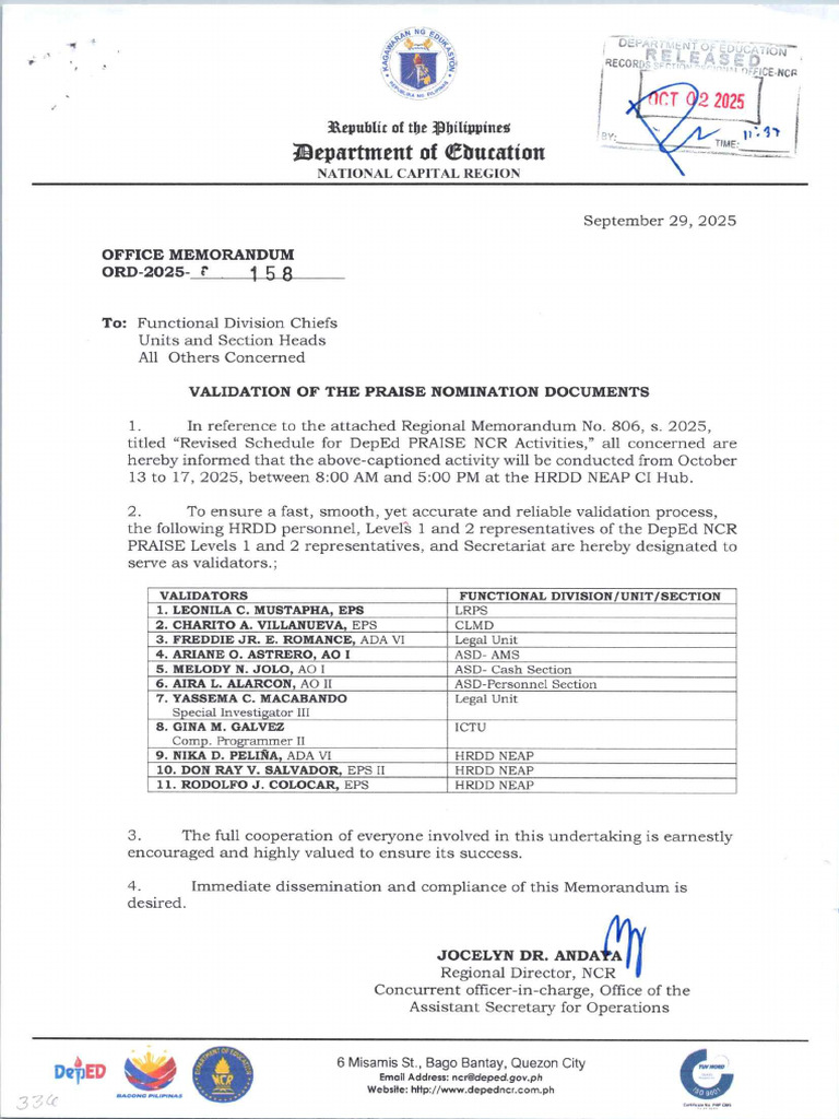 ROP Memo No. 158 S, 2025 - Validation of The PRAISE Nomination ...