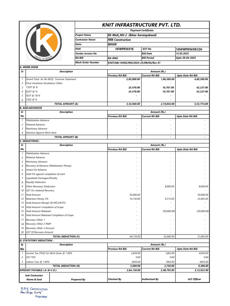 RA Bill for Drain Construction Project | PDF | Taxation | Payments