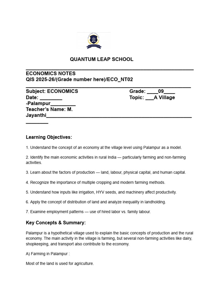 Eco Ch-1 Notes (Palampur) | PDF | Agriculture | Farms