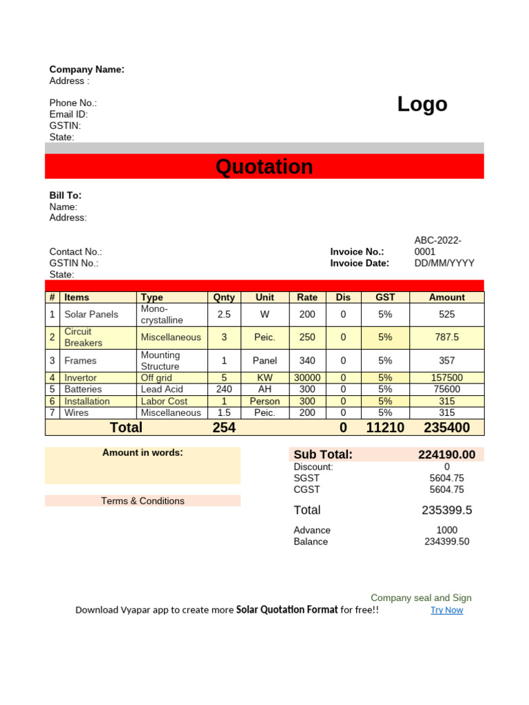 Solar Quotation Template for Installation | PDF