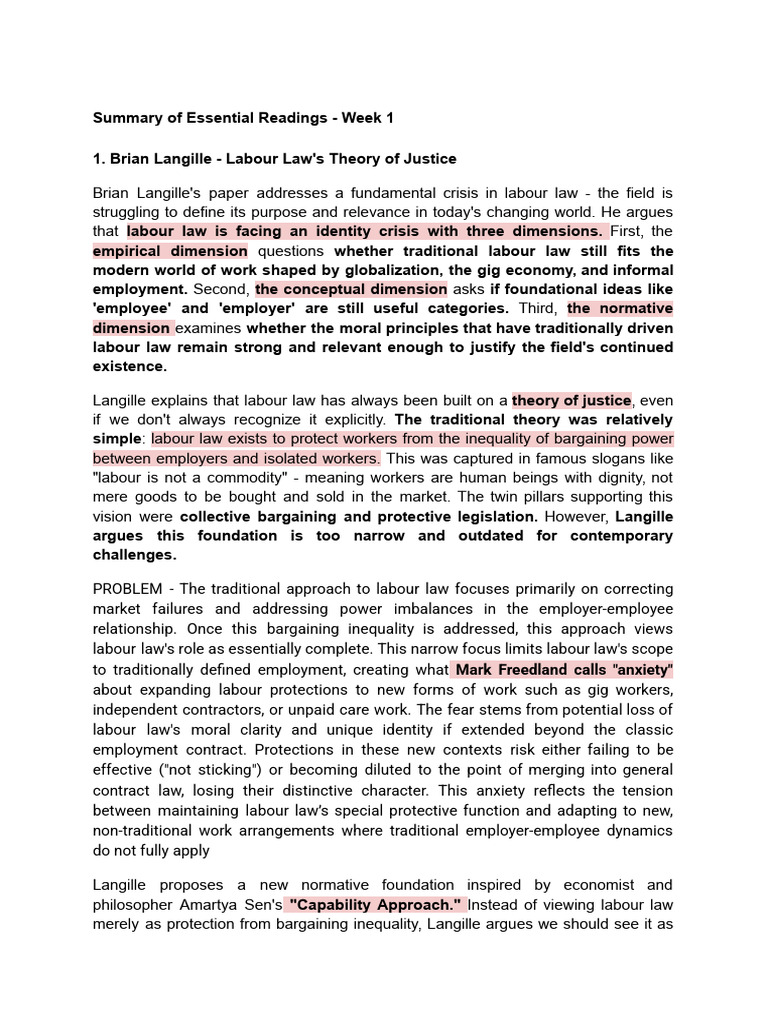 Summary of Essential Readings - Week 1 | PDF | Employment | Labour Law