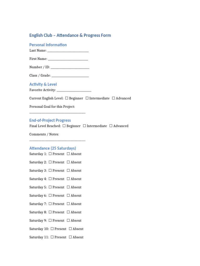 English Club Attendance & Progress Form | PDF