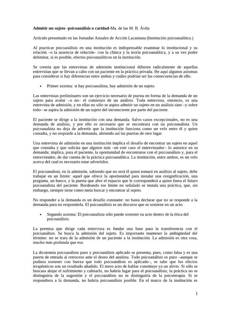Admitir Un Sujeto | PDF | Psicoanálisis | Sicología