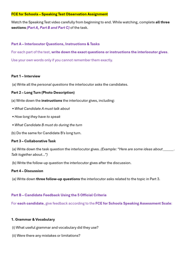 FCE Speaking Test Observation Assignment | PDF