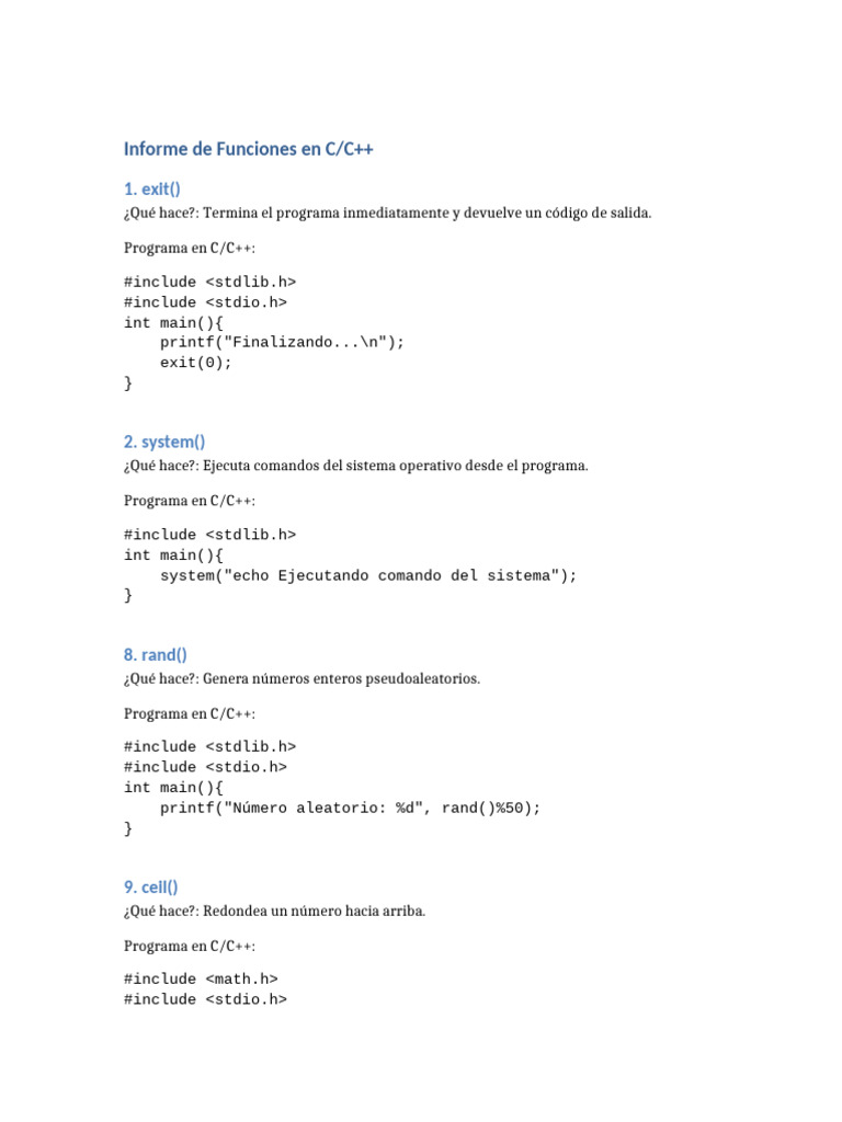 Funciones Esenciales en C/C++ | PDF | C ++ | Arquitectura de Computadores