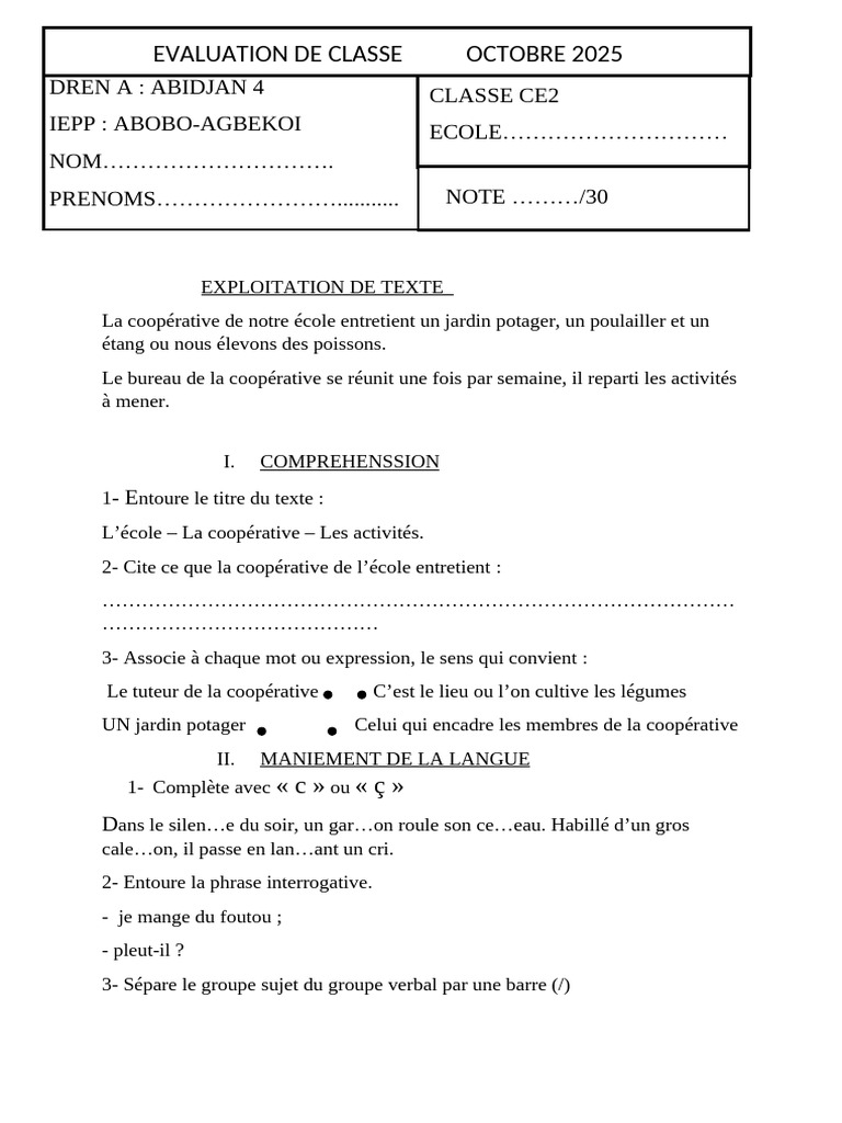 Évaluation CE2 : Compréhension et Mathématiques | PDF