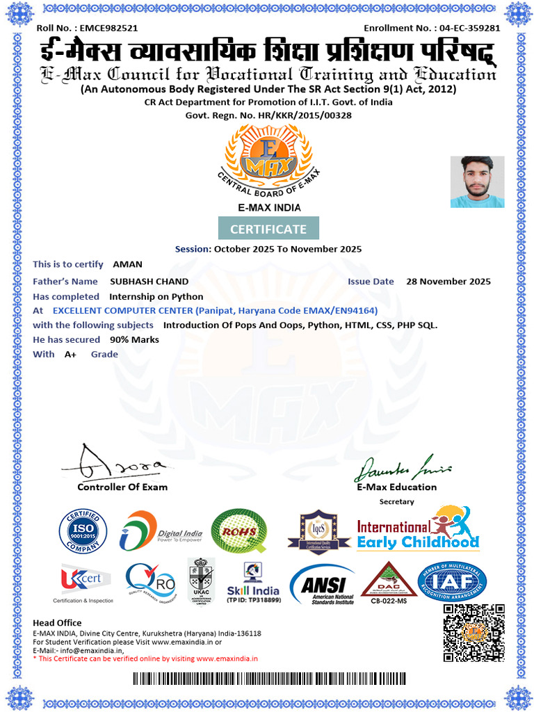 Python Internship Certificate - E-Max | PDF