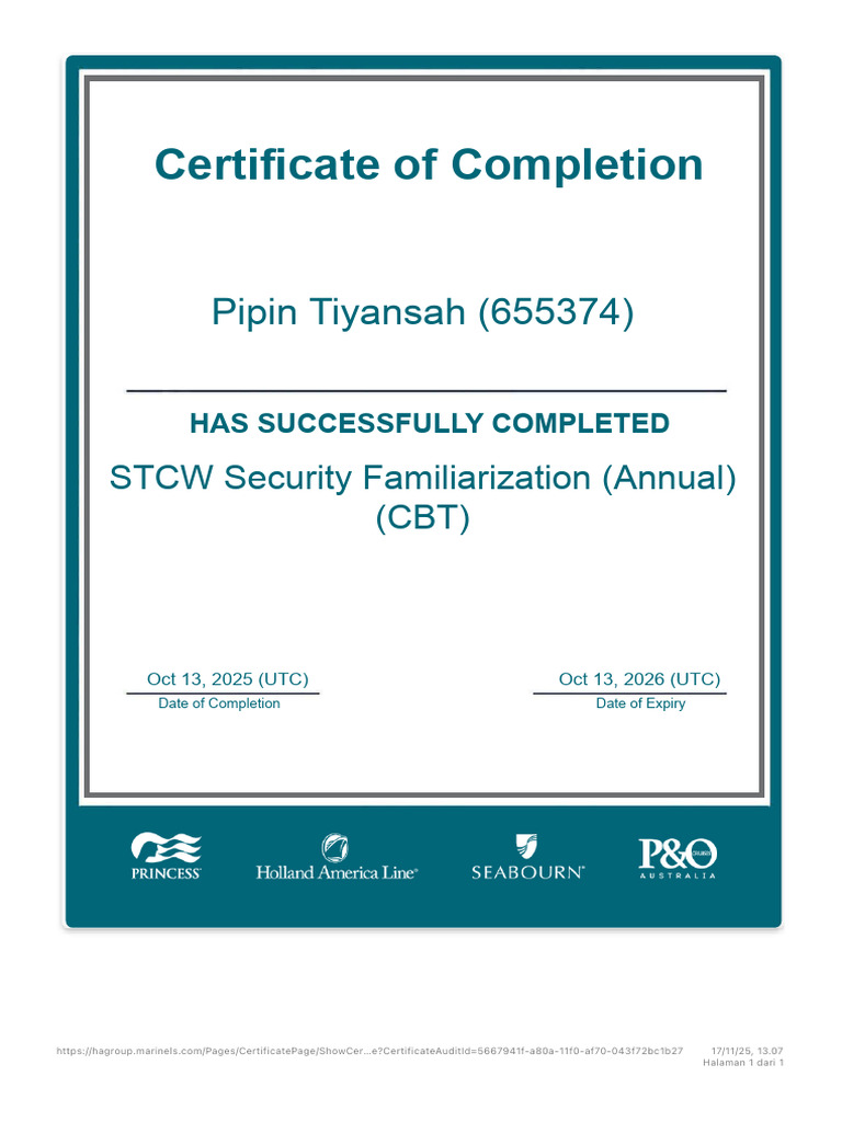 STCW Security Familiarization Certificate | PDF
