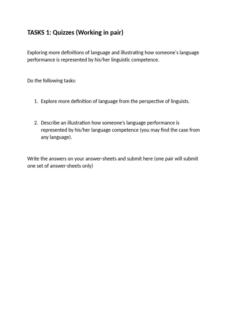 TASKS 1 - Language Definition and Competence vs Performance 17 | PDF