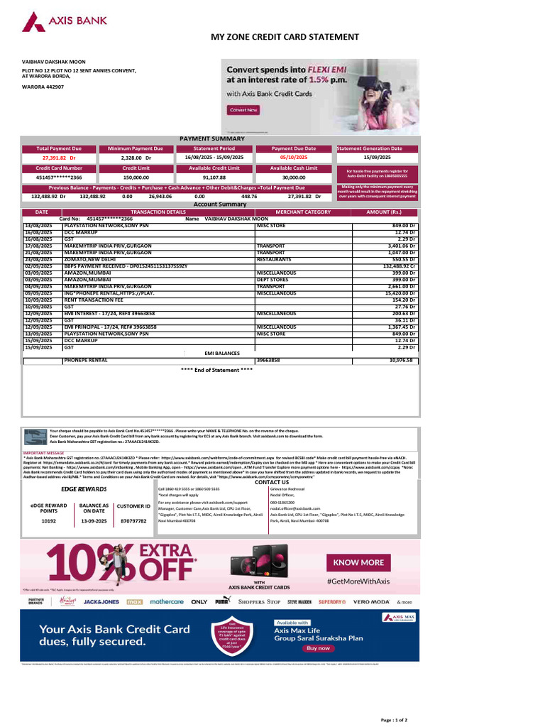 Axis Bank Credit Card Statement Summary | PDF | Credit Card | Fee