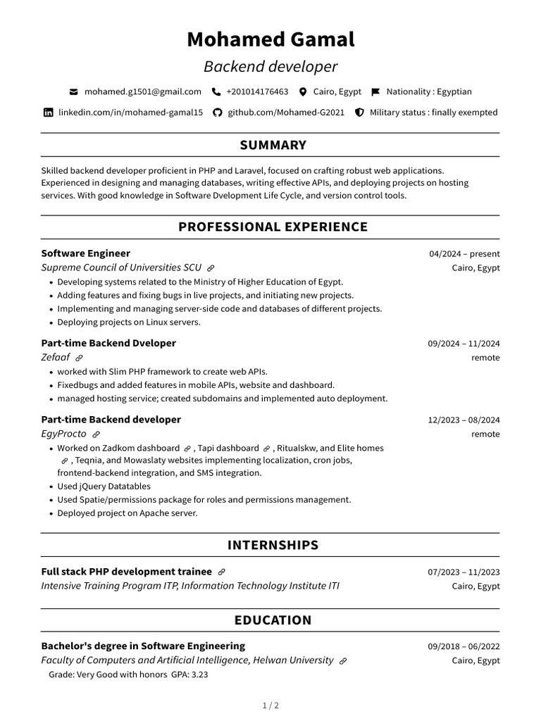 Backend Developer Mohamed Gamal Profile | PDF | Software Development | Php