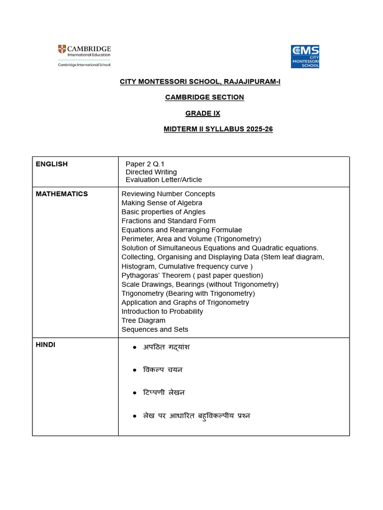 Grade IX Midterm II Syllabus 2025-26 | PDF | Trigonometry | Chemistry