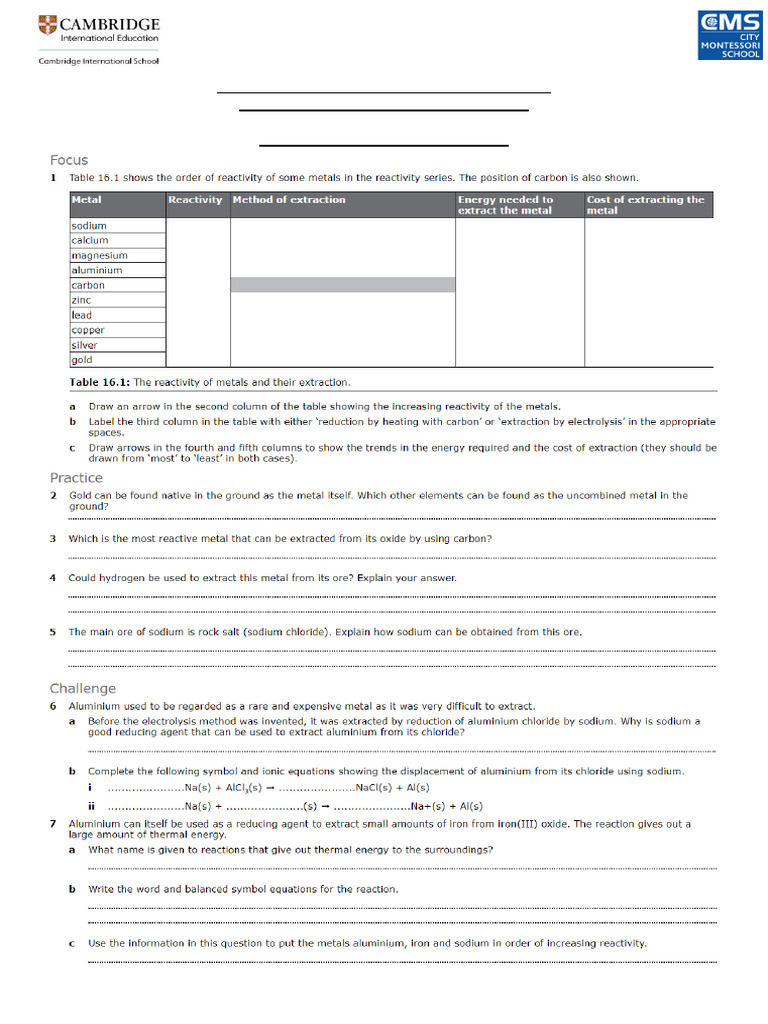 IGCSE Chemistry: Metal Extraction Worksheet | PDF