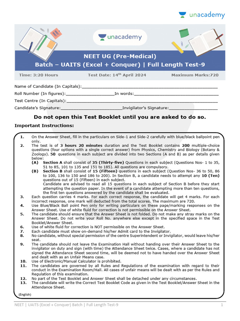 NEET Full Length Test-9 Instructions | PDF | Magnetic Field | Angular ...