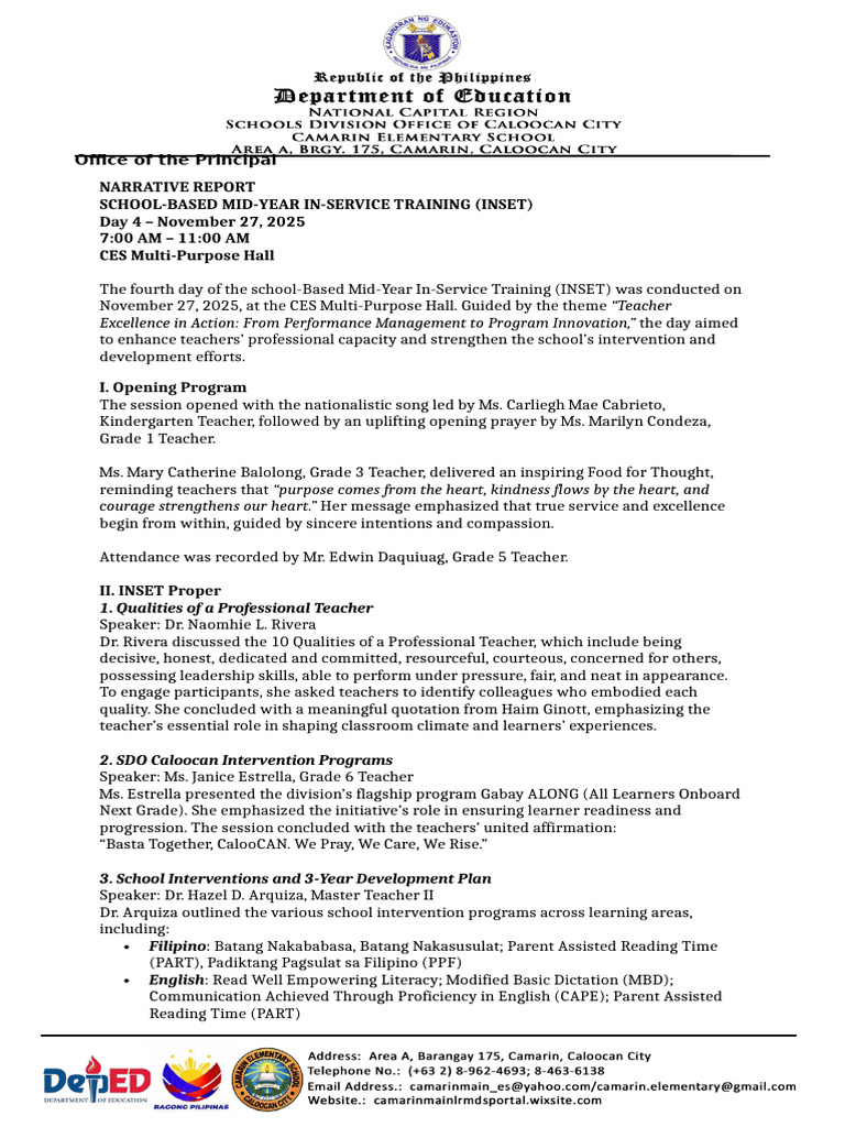 Mid-Year In-Service Training Report | PDF | Teachers | Learning