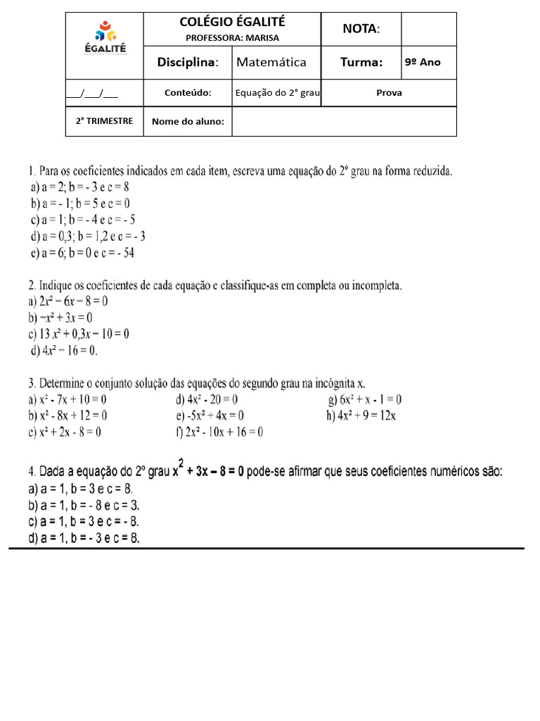 Prova de Matemática: Equação do 2° Grau | PDF