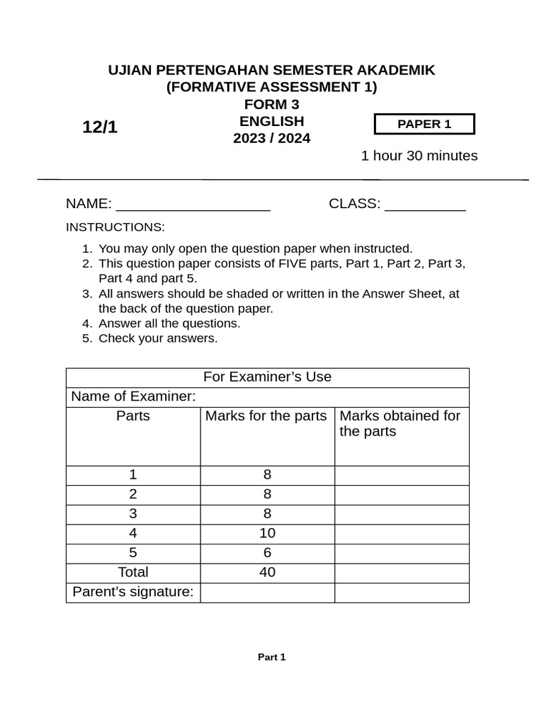 UPSA f3 Paper 1A | PDF | Pet | Grandparent