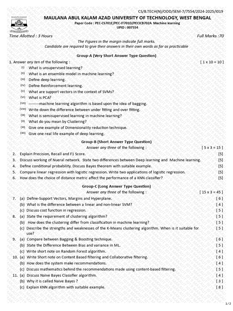 Machine Learning Exam Paper 2024-2025 | PDF | Machine Learning ...
