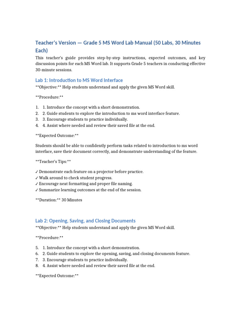 Grade 5 MS Word Lab Manual Guide | PDF | Microsoft Word | Learning