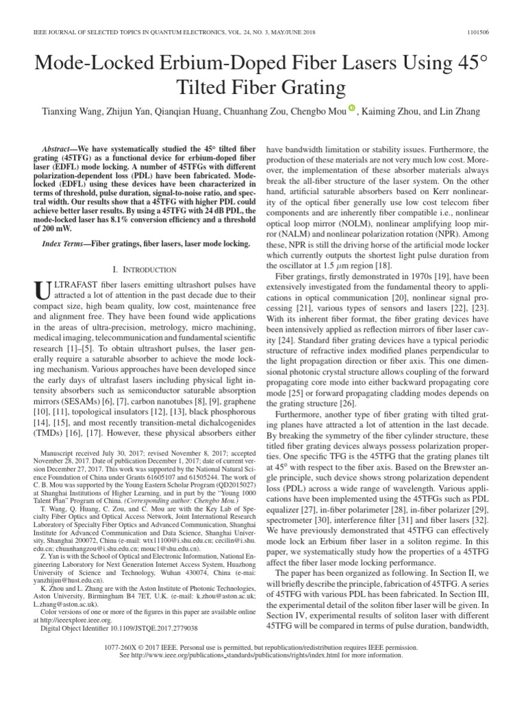 Mode-Locked EDFL with 45° Tilted Grating | PDF | Laser | Optical Fiber