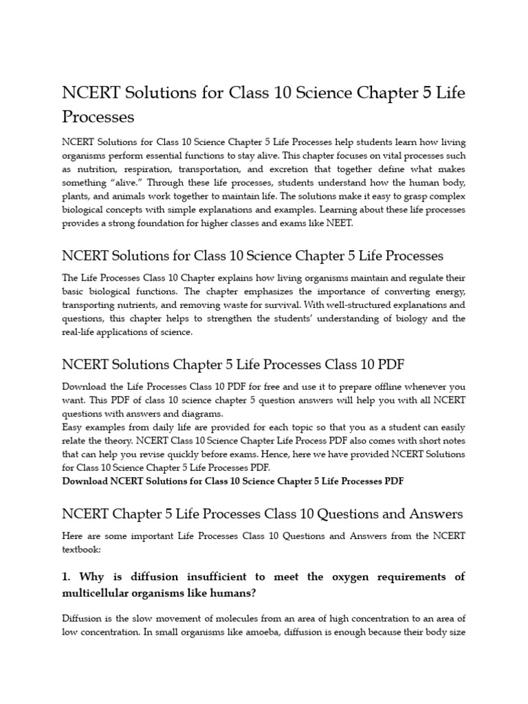 NCERT Solutions For Class 10 Science Chapter 5 Life Processes | PDF ...