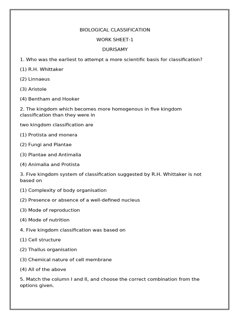 Biological Classification Worksheet Quiz | PDF | Virus | Fungus