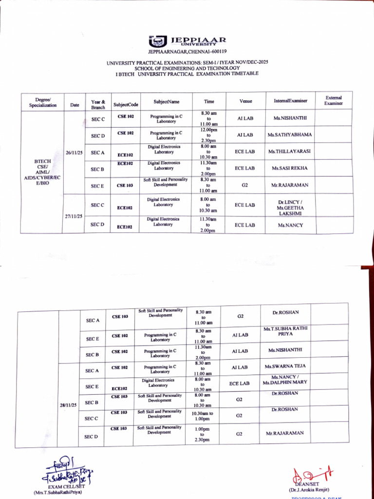 BTech Practical Exam Timetable 2025 | PDF