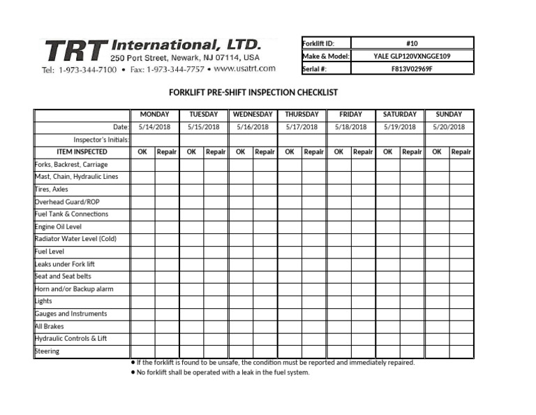 Forklift Pre-Shift Inspection Checklist: Forklift ID: #10 Make & Model ...