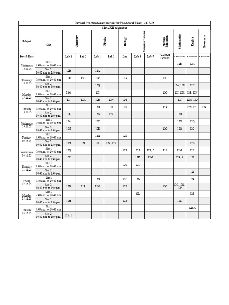 2025-26 Class XII Practical Exam Schedule | PDF | Science