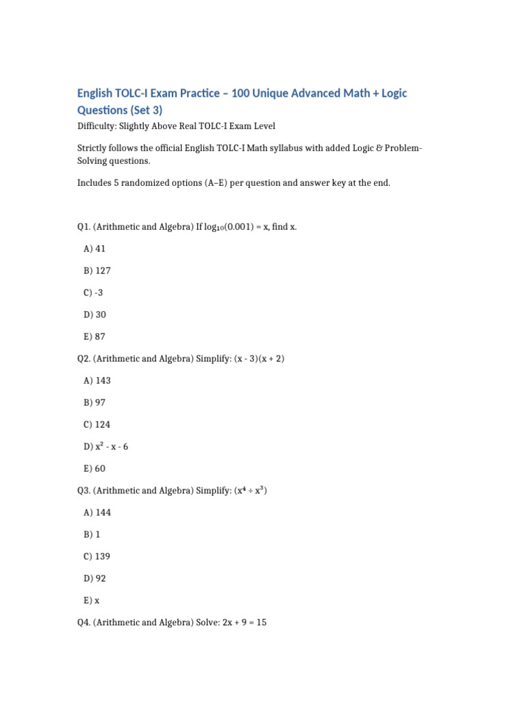 TOLC-I Math 100 Unique Advanced With Logic Set3 | PDF | Area ...