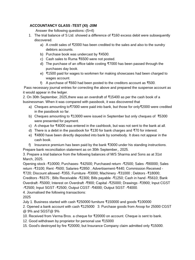 Accountancy Test XI: Journal Entries & Statements | PDF | Debits And ...