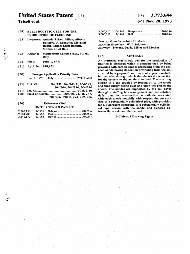 Us3773644-Electrolytic Cell For The Production of Fluorine | PDF
