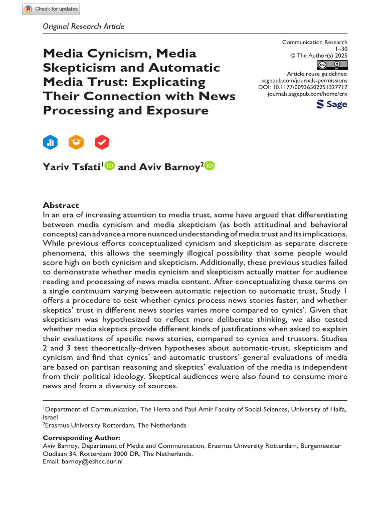 Tsfati Barnoy 2025 Media Cynicism Media Skepticism and Automatic Media ...